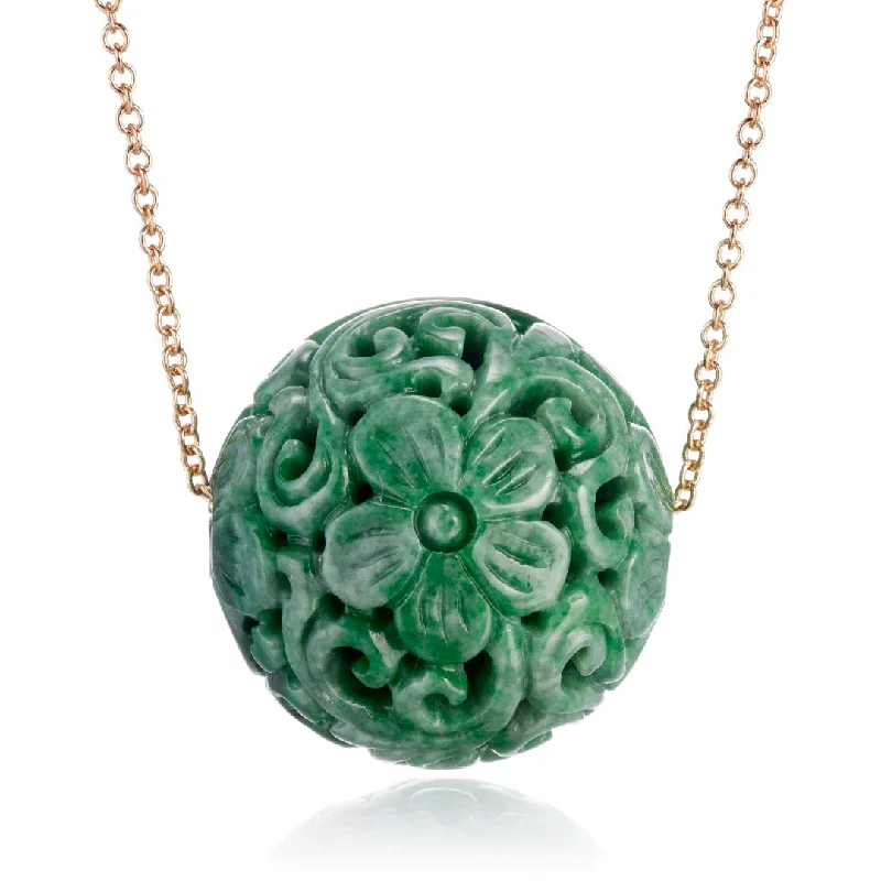 Deep Green Jade Floral Ball Pendant Necklace