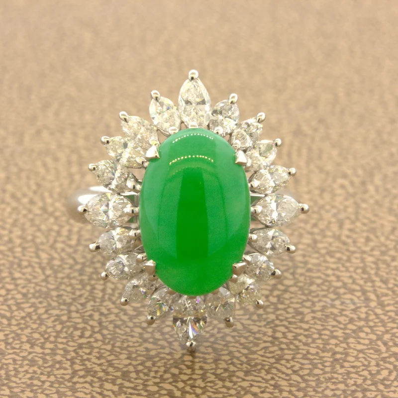 Fine Jadeite Jade Diamond Sunburst Platinum Ring, GIA Certified Tyle A