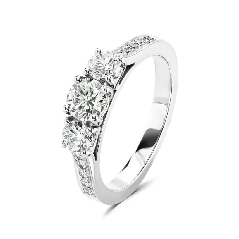 Platinum Round Brilliant Cut Diamond Trilogy Ring with Diamond Shoulders