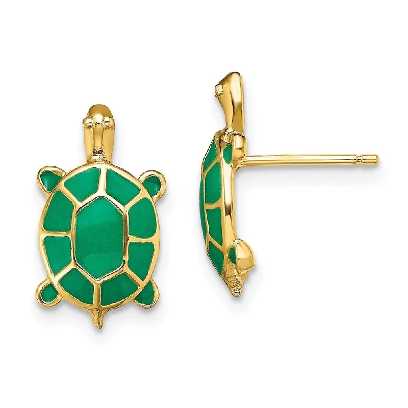 Diamond2Deal 14K Yellow Gold LAND TURTLE GREEN ENAMEL SHELL EARRING (L-15.15 mm, W-8.8 mm)