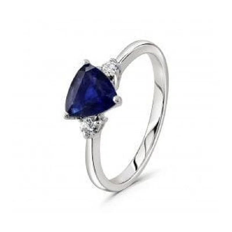 18ct White Gold Trilliant Cut Sapphire & Round Brilliant Cut Diamond Trilogy Ring