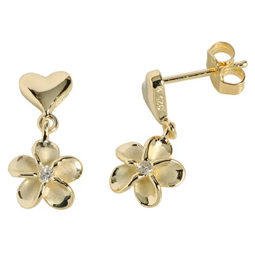 Yellow Gold Plated Sterling Silver Heart Plumeria Stud Earring 8mm