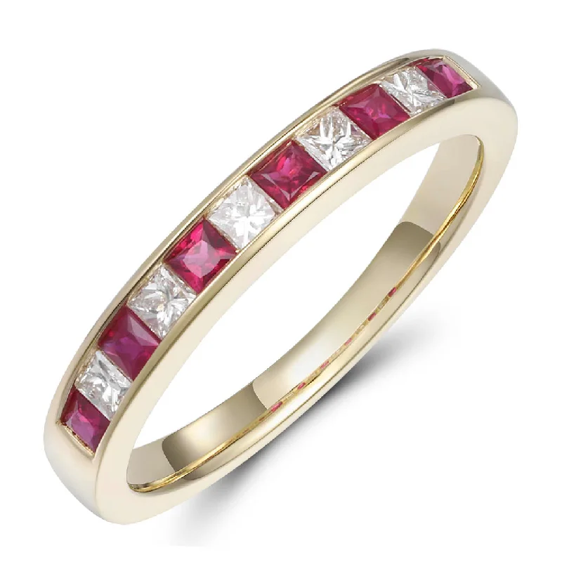 18ct Yellow Gold Channel Set Princess Cut Ruby and Diamond 11-Stone Ring