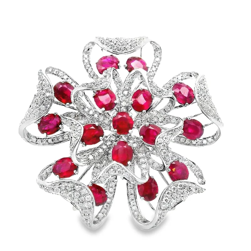 Large Ruby Diamond 18k White Gold Floral Cocktail Ring