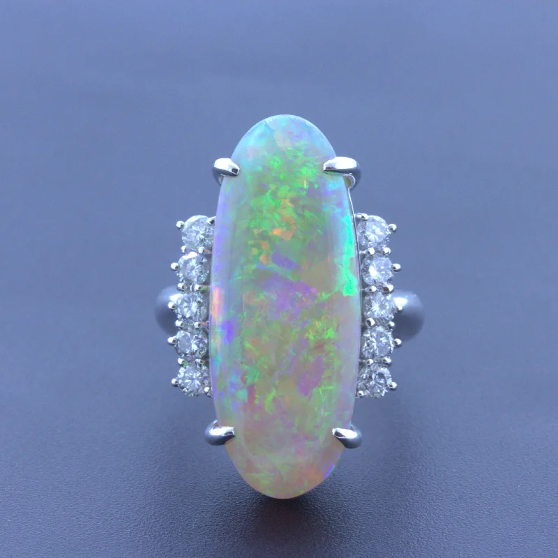 Impressive 15.36 Carat Australian Crystal Opal Diamond Platinum Cocktail Ring