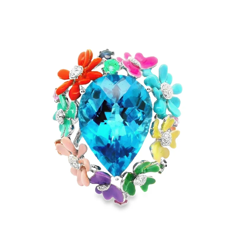 Blue Topaz Diamond Multi-Color Enamel Flower & Butterfly 18k White Gold Cocktail