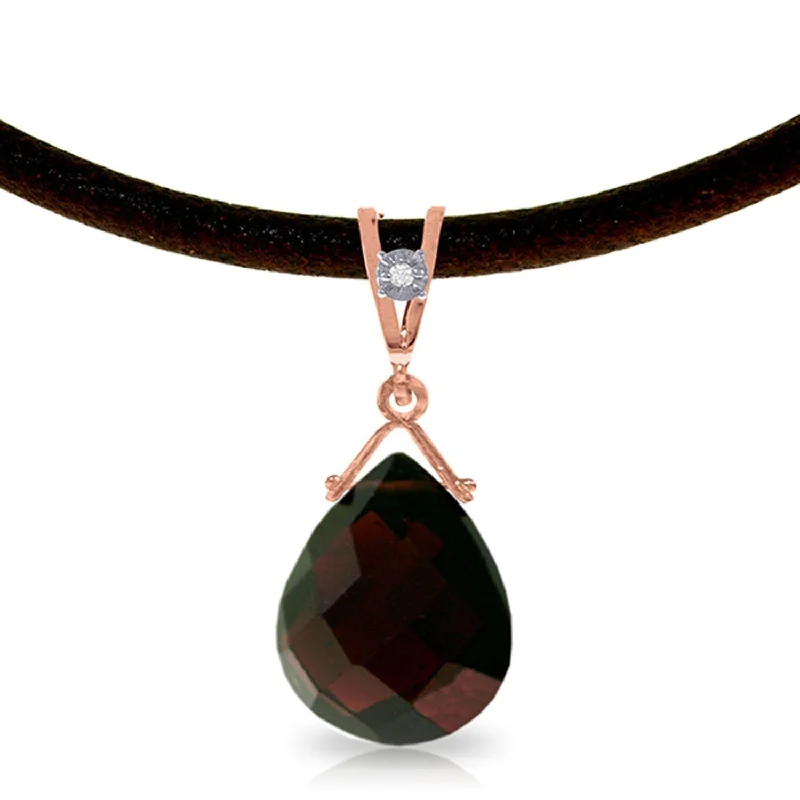 14K Solid Rose Gold & Leather Necklace withDiamond & Garnet