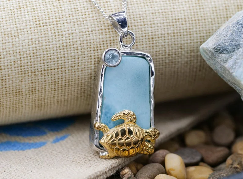 Caribbean Larimar Pendant Necklace with Golden Sea Turtle - Only One Piece Created