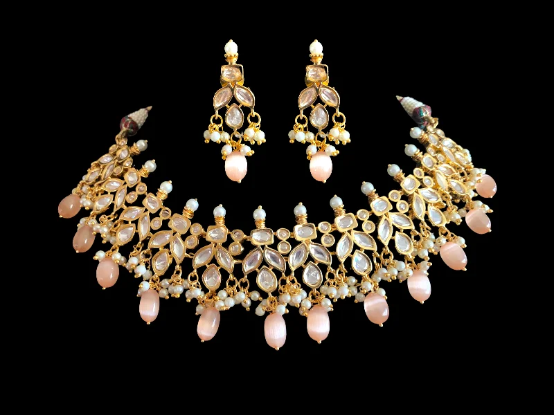 NS352 high quality polki necklace in pearls and peach beads ( READY TO SHIP)