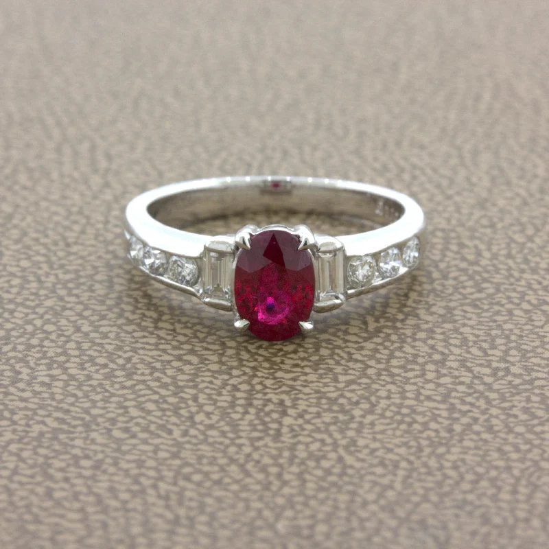 1.10 Carat Burmese Pigeon Blood Ruby Diamond Platinum Ring, GRS Certified