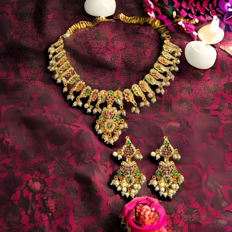 NS377 Navratan jadau necklace set with fresh water pearls ( READY TO SHIP)