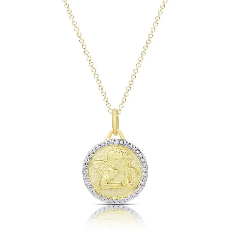 Finesque Gold Overlay Diamond Accent Circle Angel Necklace