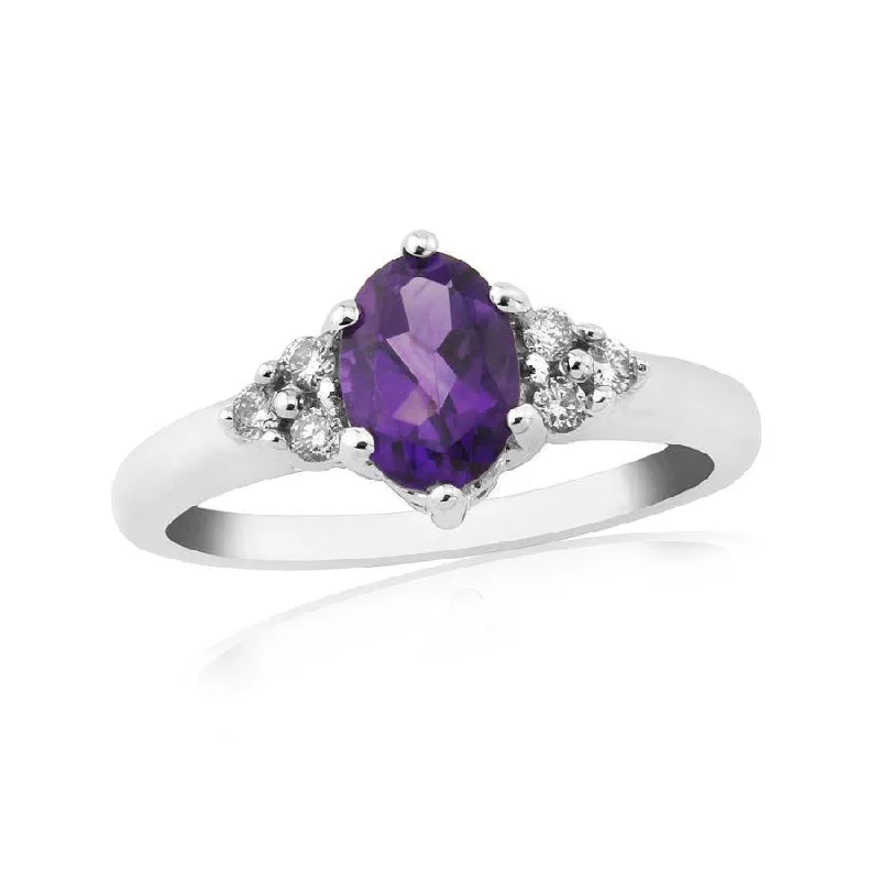 9ct White Gold Oval Cut Amethyst & Diamond Trefoil Ring