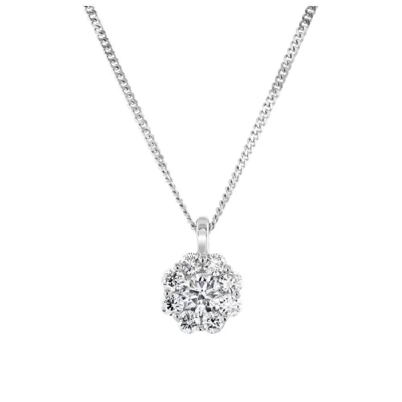 9ct White Gold 0.50ct Round Brilliant Cut Diamond Flower Cluster Pendant & Chain