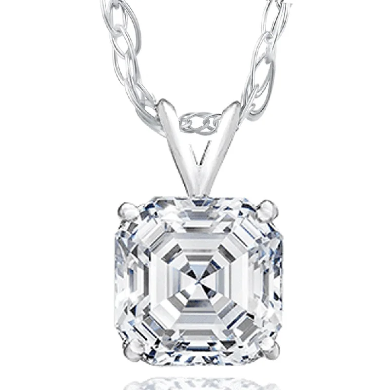 G/VS 2 CT Asscher Cut Solitaire Pendant Necklace in White, Yellow, or Rose Gold