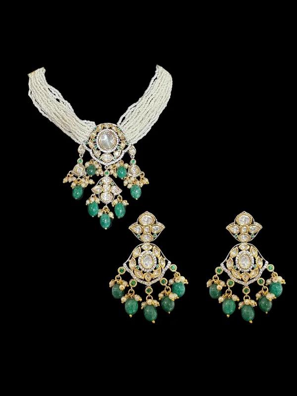 DNS62 Reema high quality polki necklace set - green ( READY TO SHIP  )