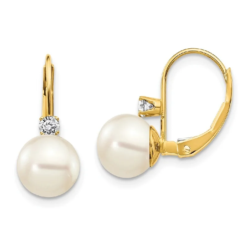 14k Yellow Gold Pearl AA Diamond Lever back Earring (L-16 mm, W-7 mm)