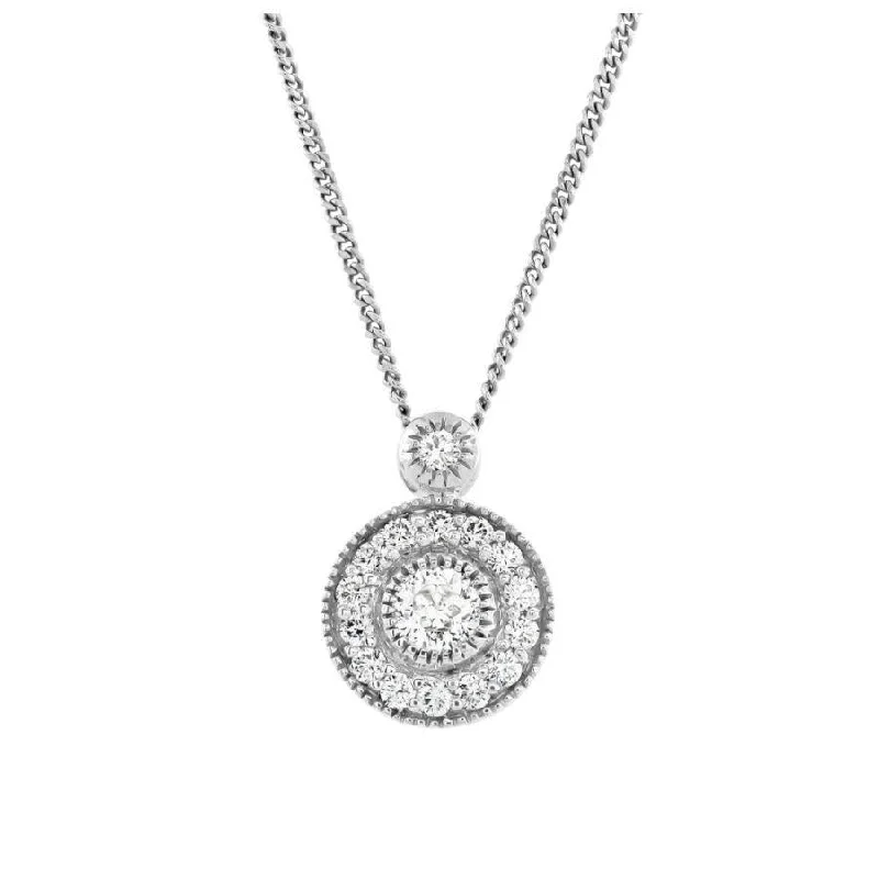 18ct White Gold Round Brilliant Cut Diamond Halo Cluster Pendant & Chain