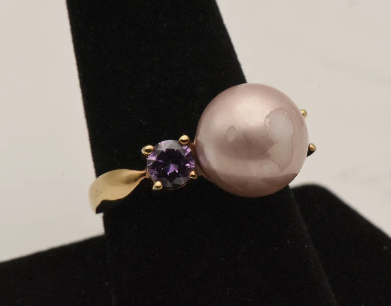 Vintage Vermeil Faux Pearl and Purple Rhinestone Ring - Size 9