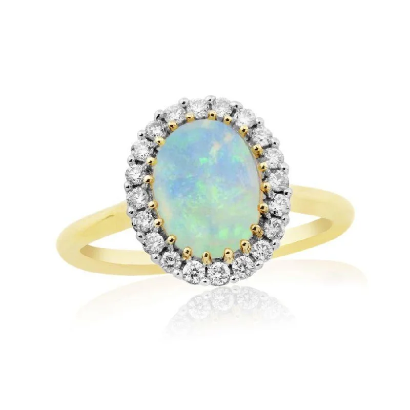 9ct Yellow Gold Oval Cut Opal & Diamond Halo Cluster Ring