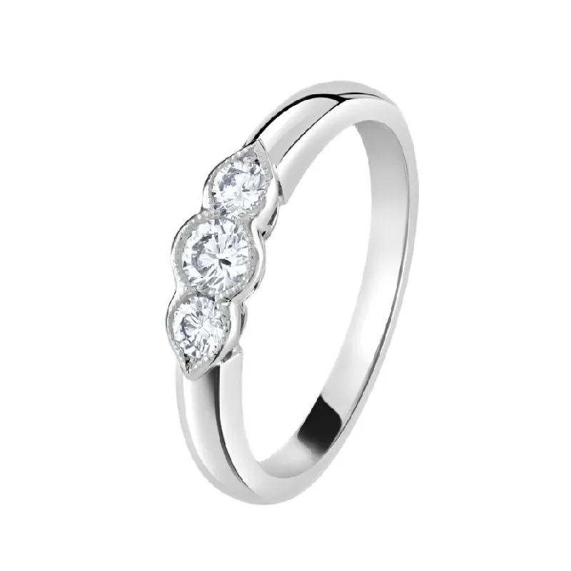 Platinum Millegrain Set Round Brilliant Cut Diamond Trilogy Ring