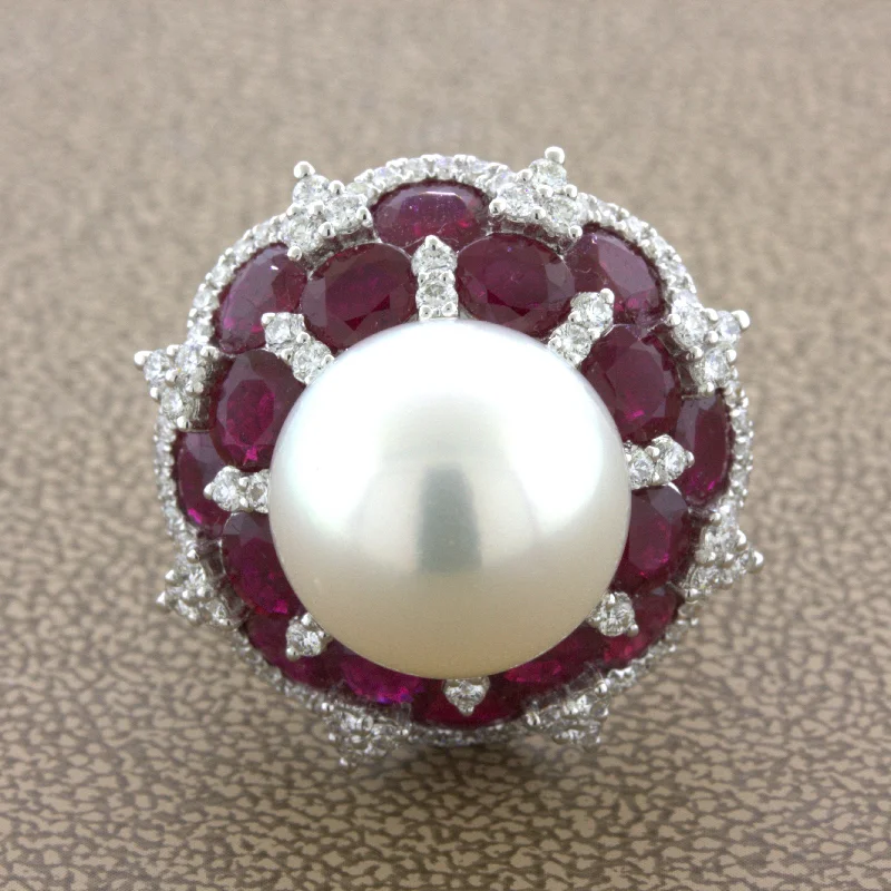 15mm South Sea Pearl Ruby Diamond 18k White Gold Cocktail Ring