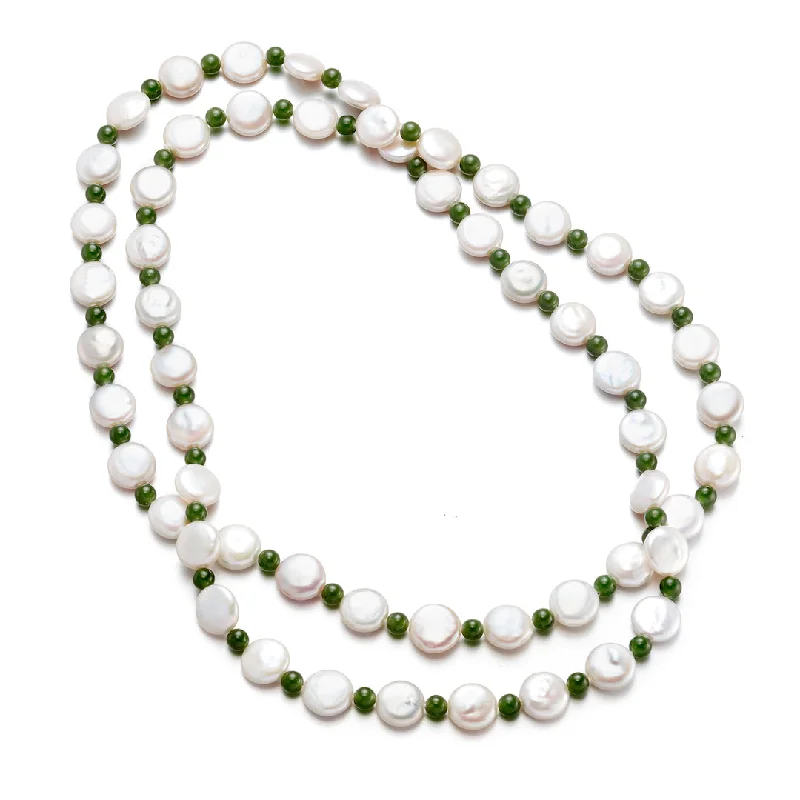 Coin Pearl & Green Nephrite Jade Rope Necklace