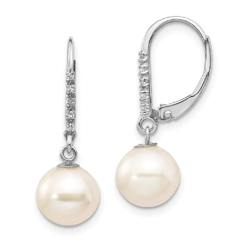 14k White Gold White Pearl Dangle Earring (L-8 mm, W-9 mm)