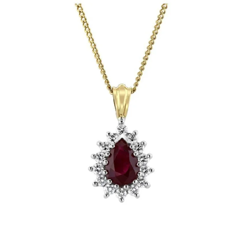 18ct Yellow Gold Pear Cut Ruby & Diamond Cluster Pendant