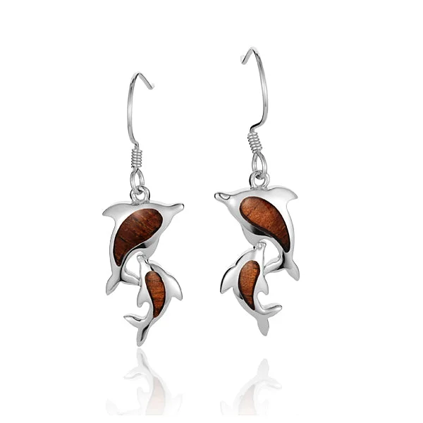 Sterling Silver Double Dolphin Koa Wood Inlaid Hook Earring