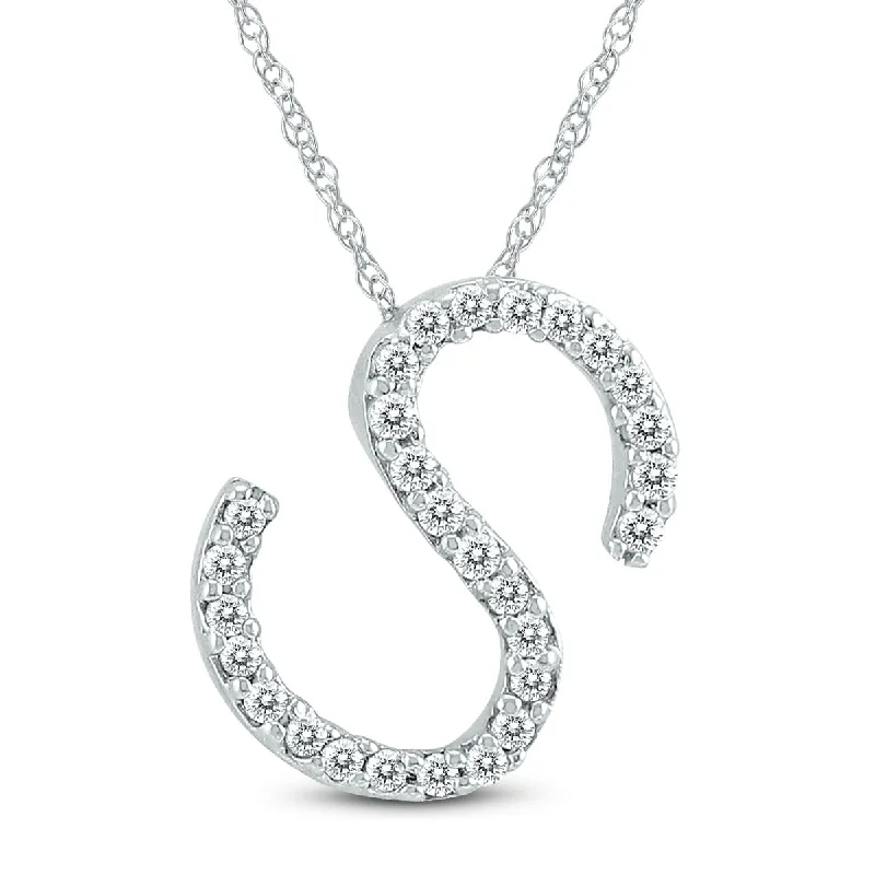 Marquee 1/6 Carat TW S Initial Diamond Pendant Necklace in 10K White Gold with Adjustable Chain