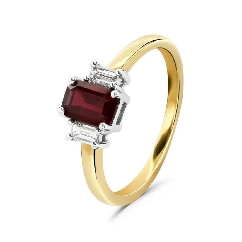 18ct Yellow Gold Octagonal Cut Ruby & Baguette Cut Diamond Trilogy Ring