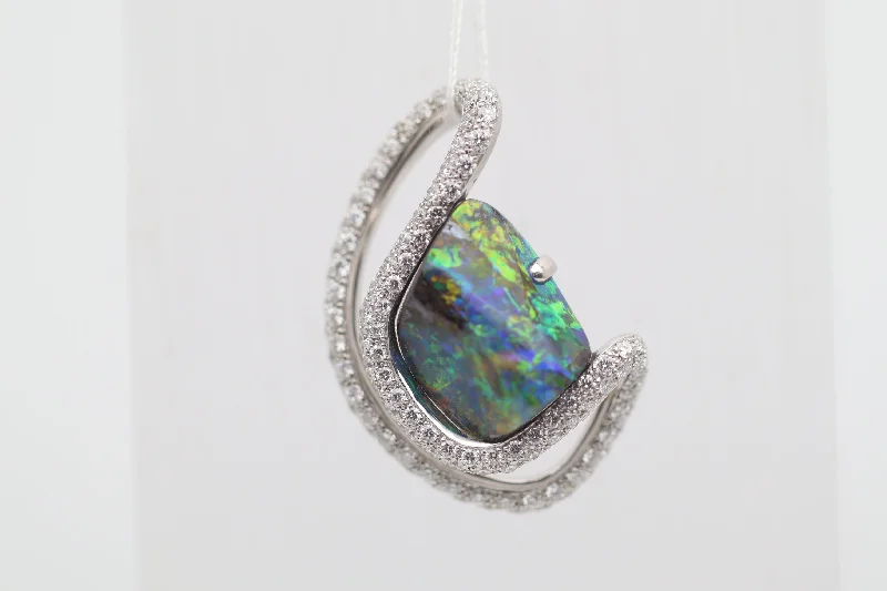 Australian Boulder Opal Diamond Gold Pendant