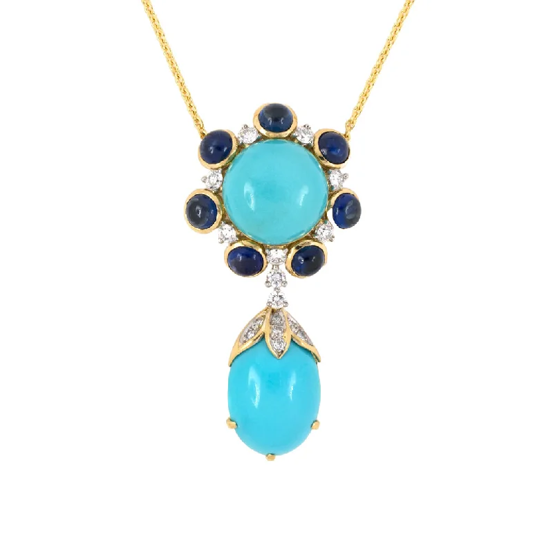 Turquoise, Sapphire & Diamond Cluster Pendant Necklace