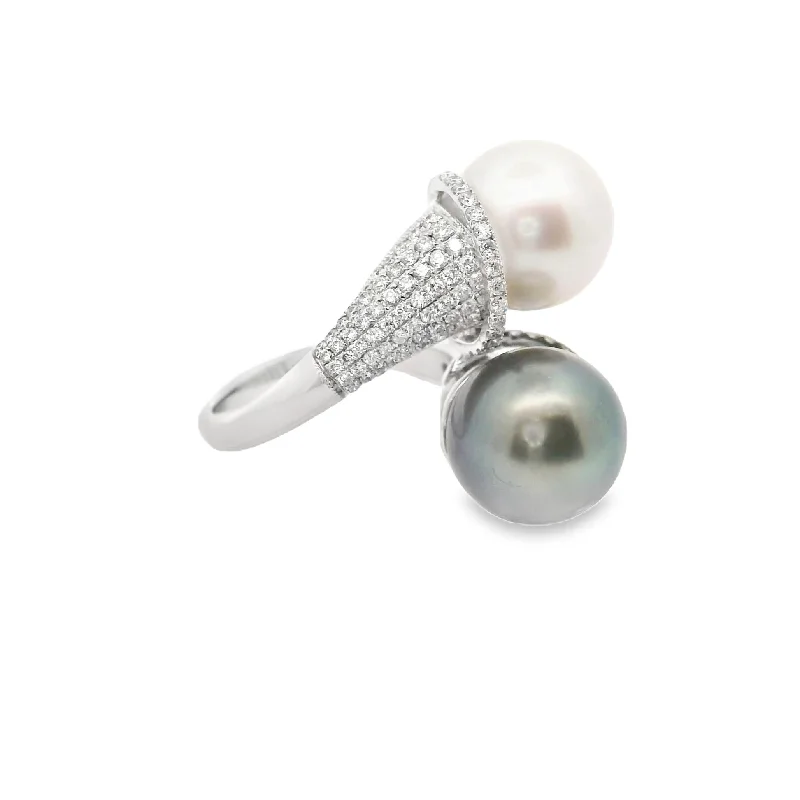 White & Tahitian Cultured Pearl Diamond 18k White Gold Bypass Ring