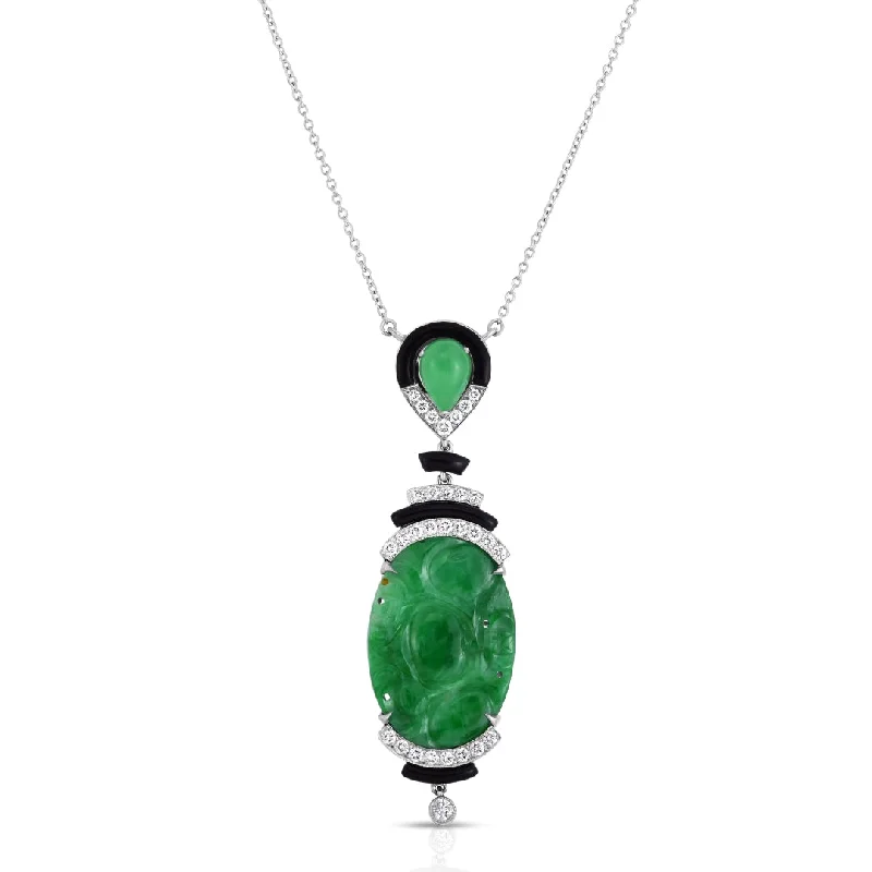 Carved Jade, Diamond & Black Enamel Pendant Necklace