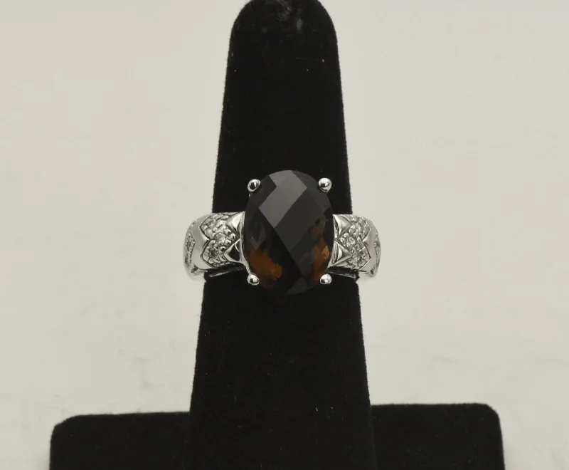 Vintage 14k White Gold Smoky Quartz and Diamonds Ring - Size 5.75