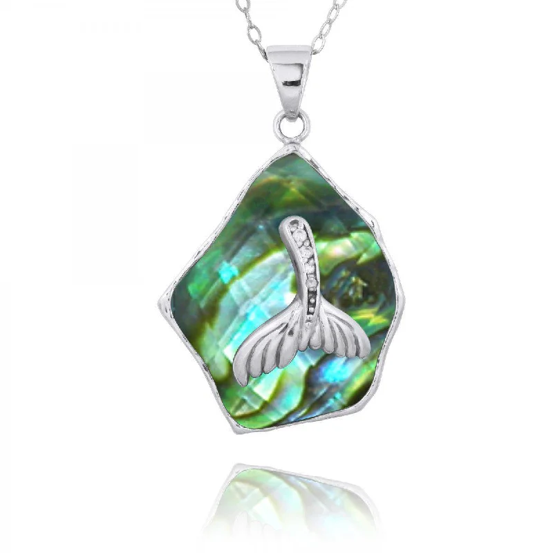 Abalone Shell Pendant Necklace with Sterling Silver Whale Tail and White CZ