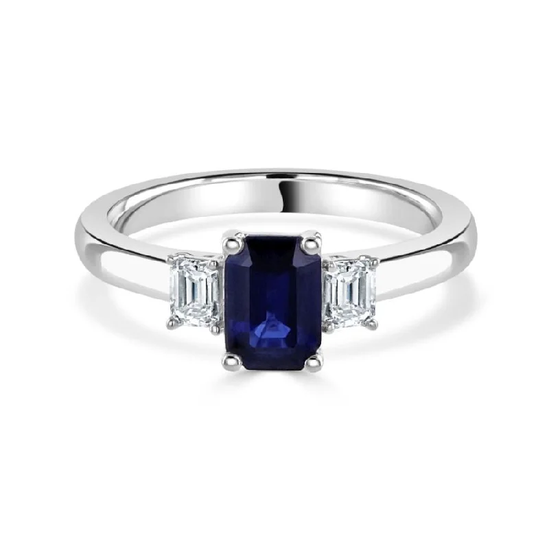 Platinum Octagonal Cut Sapphire & Diamond Trilogy Ring