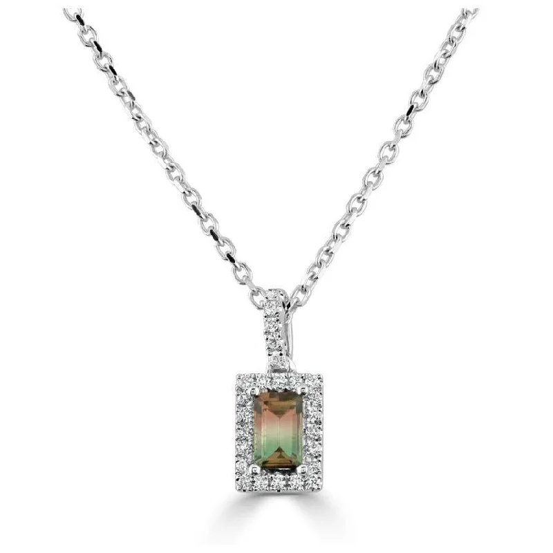 18ct White Gold Rectangular Cut Watermelon Tourmaline & Diamond Cluster Pendant & Chain