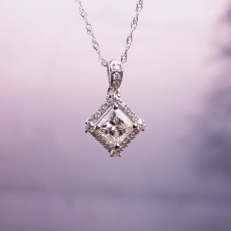 Miadora 7/8ct DEW Princess-cut Moissanite and 1/10ct TDW Diamond Halo Drop Necklace in 10k White Gold