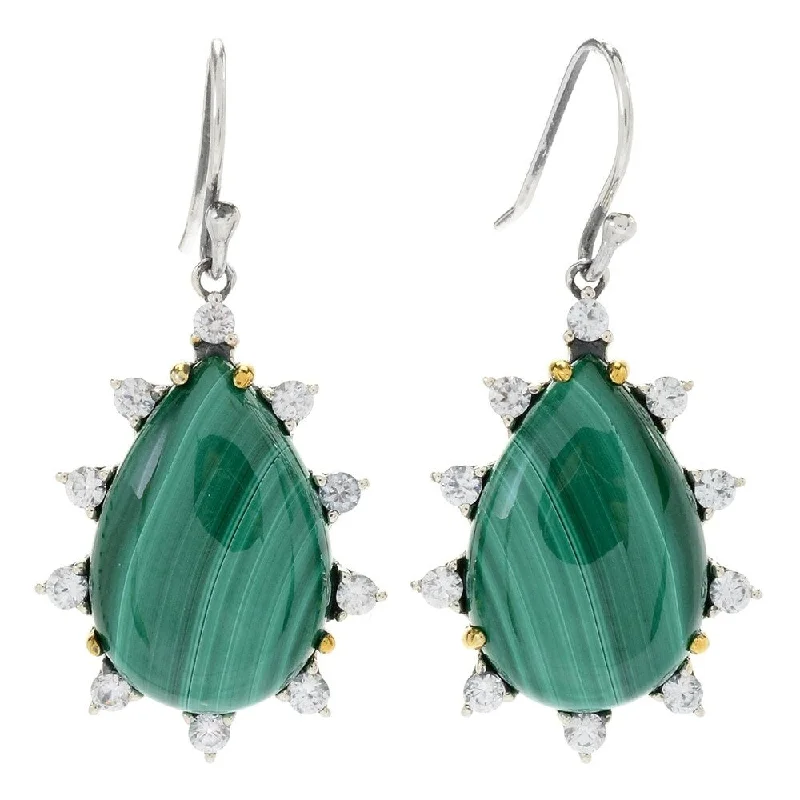 Sterling Silver 1.5" 21 x 14mm Pear Shaped Malachite Drop Earring