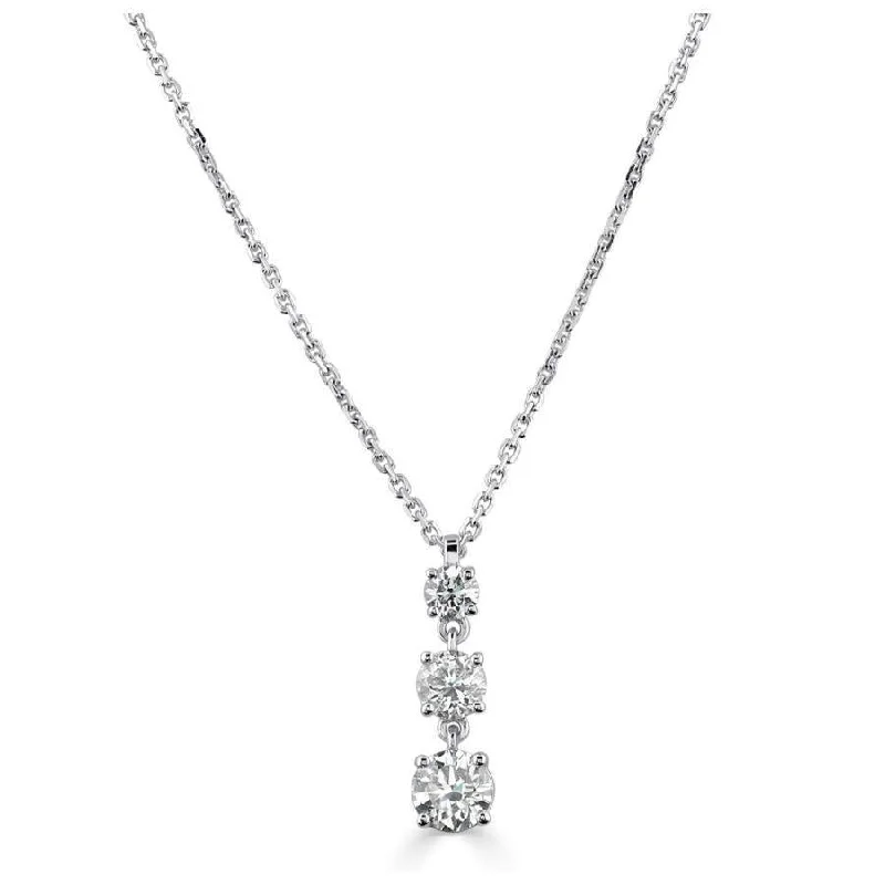 18ct White Gold Round Brilliant Cut Diamond Graduated Drop Pendant & Chain