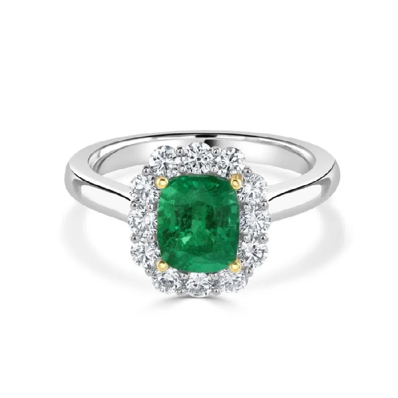 Platinum & 18ct Yellow Gold Cushion Cut Emerald & Diamond Halo Cluster Ring