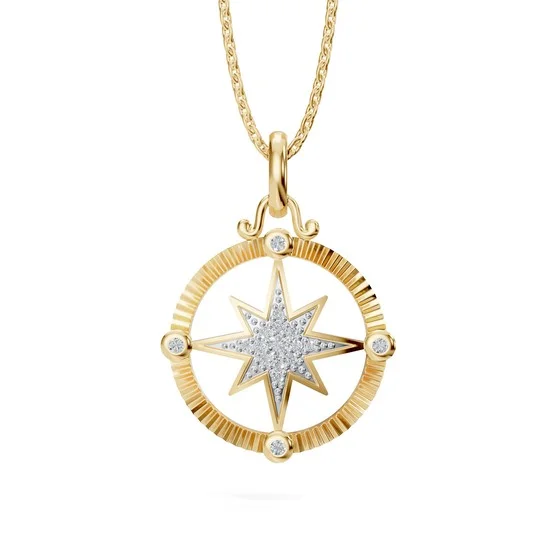 Yellow Gold Diamond Compass Pendant Necklace