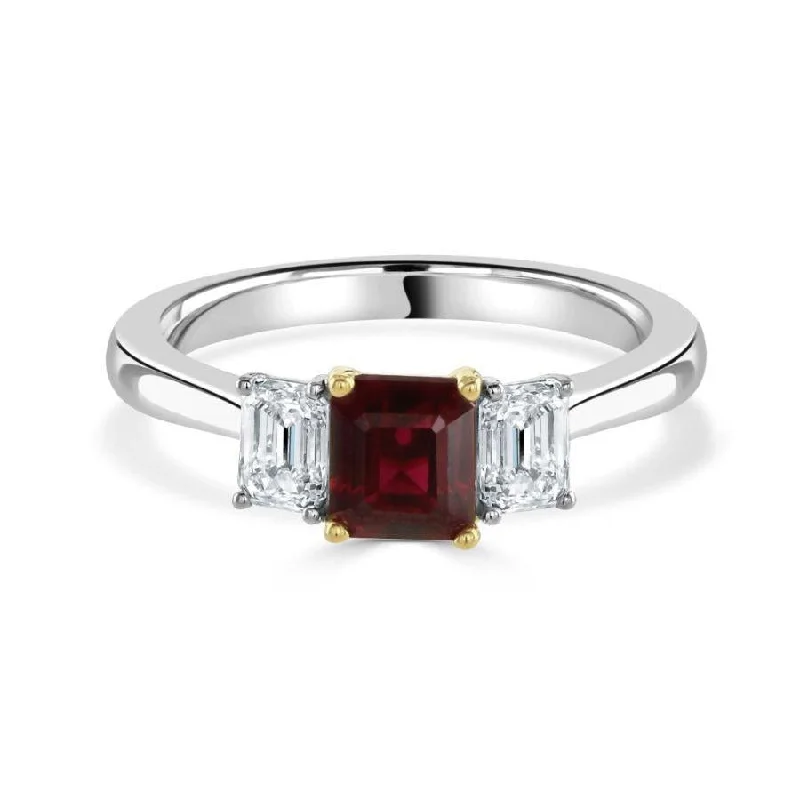 18ct Yellow & White Gold Octagonal Cut Ruby & Diamond Trilogy Ring