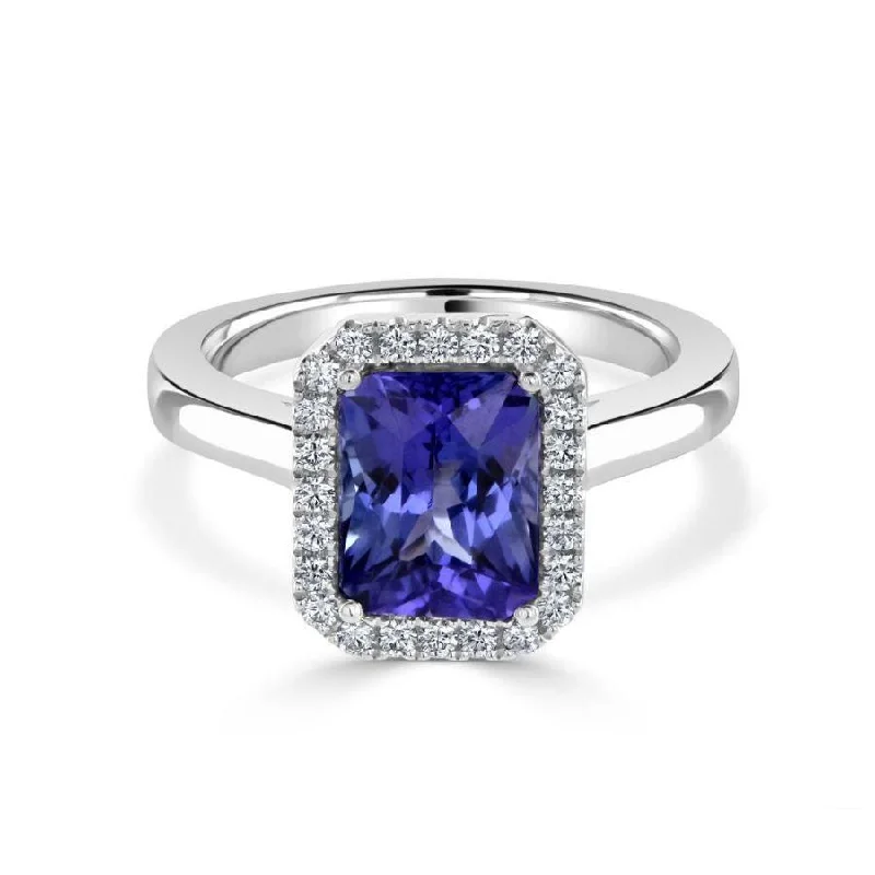 18ct White Gold Octagonal Cut Tanzanite & Diamond Halo Cluster Ring