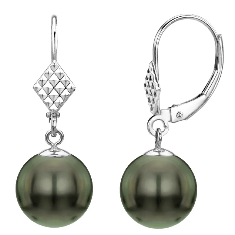 DaVonna 14k White Gold Round Black Tahitian Pearl Dangle Earring (9-10mm)