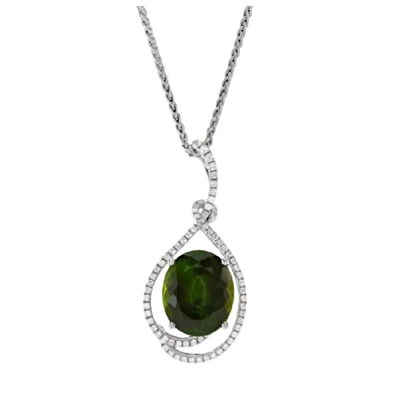 18ct White Gold Oval Cut Green Tourmaline & Diamond Pendant & Chain