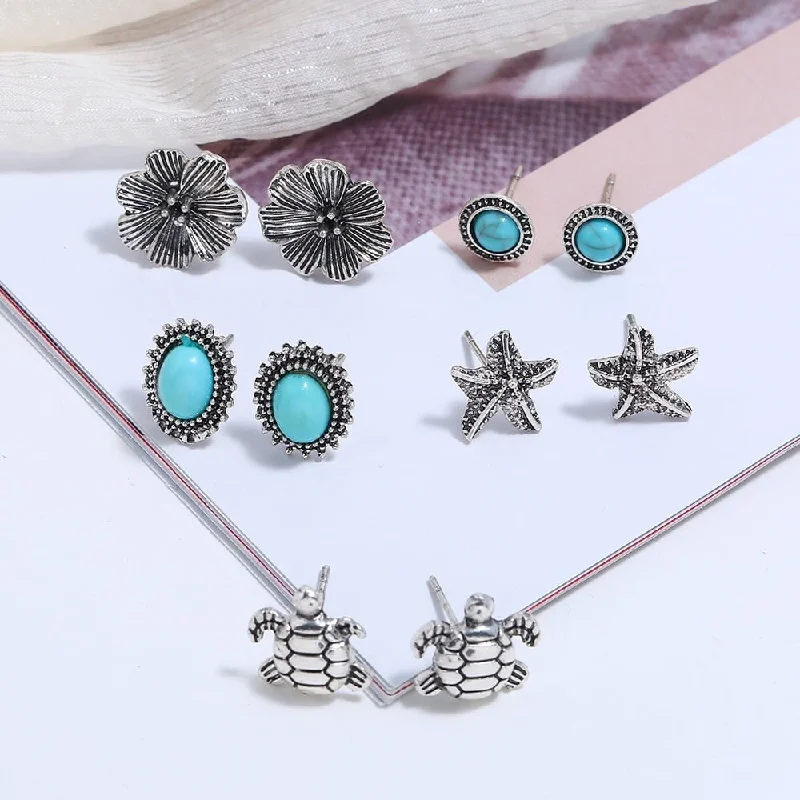 Oxidized Silver and Turquoise Beach Earring (5 Pair Studs)